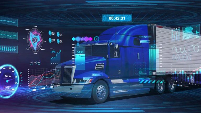 caminhão azul e dados tecnologicos na tela
