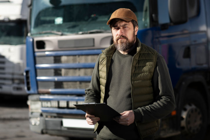 Empresário com uma prancheta em frente a um caminhão azul