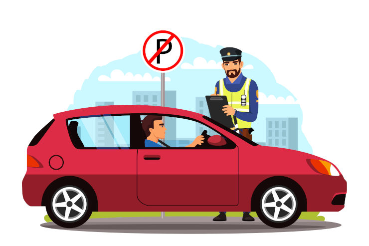 Policial escrevendo multa por estacionamento ilegal. Homem sentado no carro, policial em pé com tablet, sem sinal de estacionamento, regras de rua e segurança