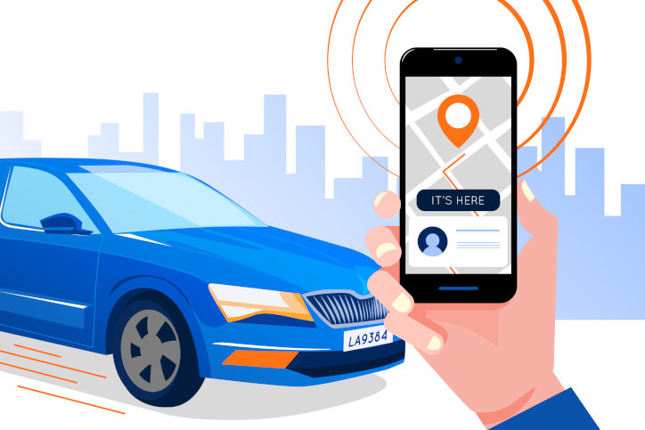 Ilustração de um carro azul ao lado de uma mão segurando um smartphone com a localização do carro