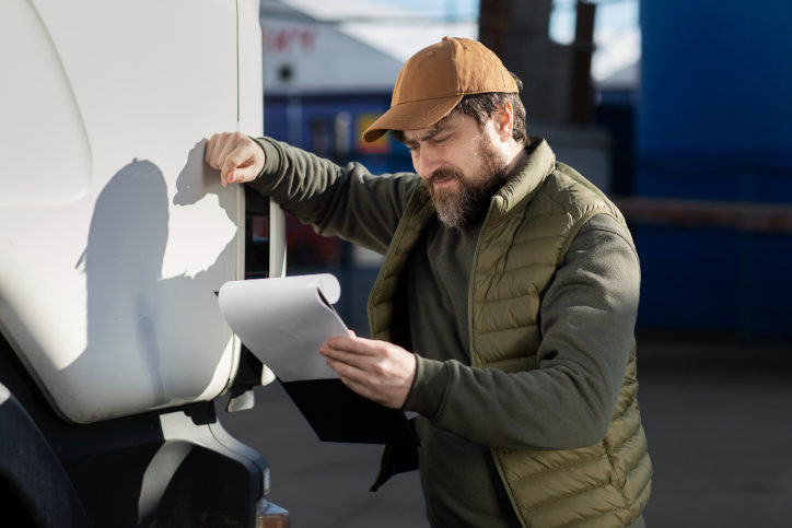 Caminhoneiro lê um documento ao lado do seu caminhão