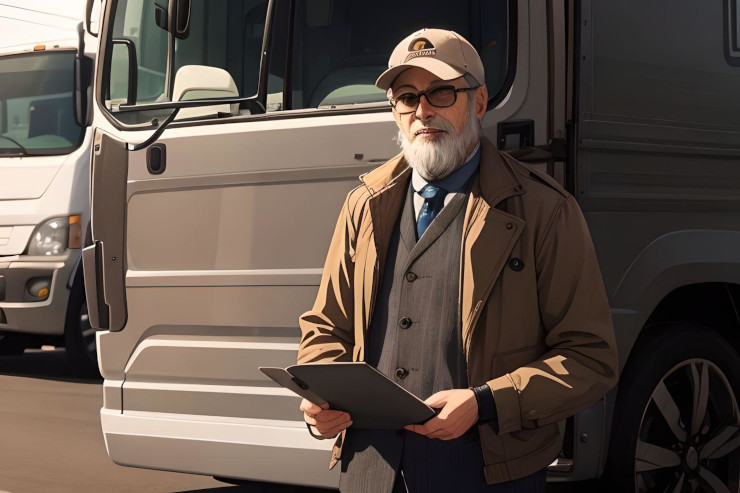 Imagem gerada por IA de um motorista idoso em frente ao seu caminhão