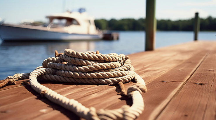 Barco em uma marina e uma corda de ancoragem
