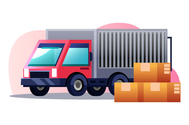 Ilustração de um caminhão de carga vermelho com caixas empilhadas na frente